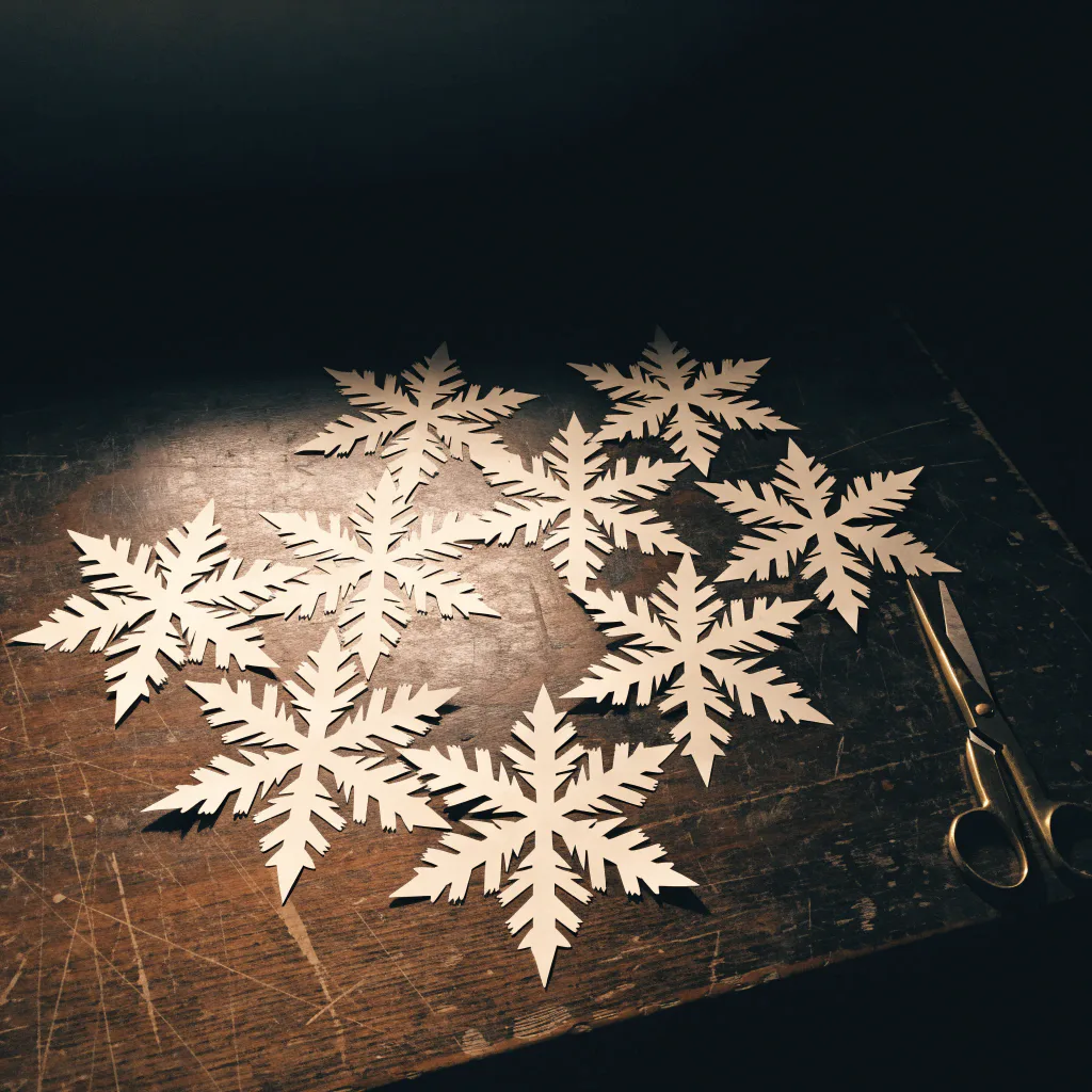 Nine paper snowflakes, each carefully hand-cut and all cut to the same pattern, scattered on a dark wooden table beside small brass scissors.