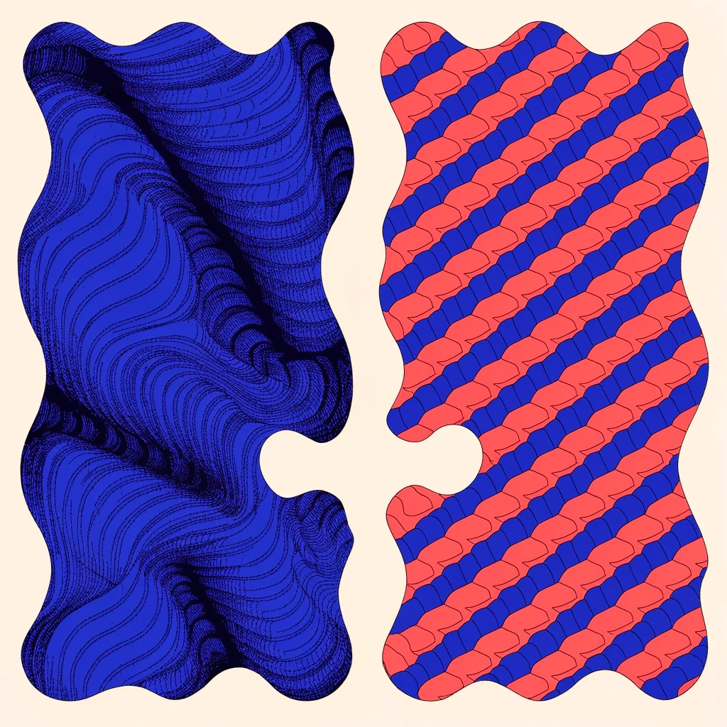 Two matching forms hold contrasting patterns: irregular blue contours and repeating coral and blue tiles.