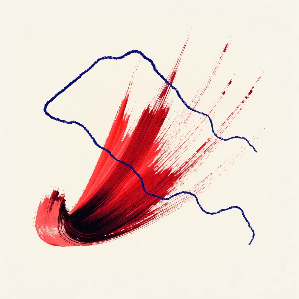 A rough blue line crosses a sweeping red brushstroke on a pale field.