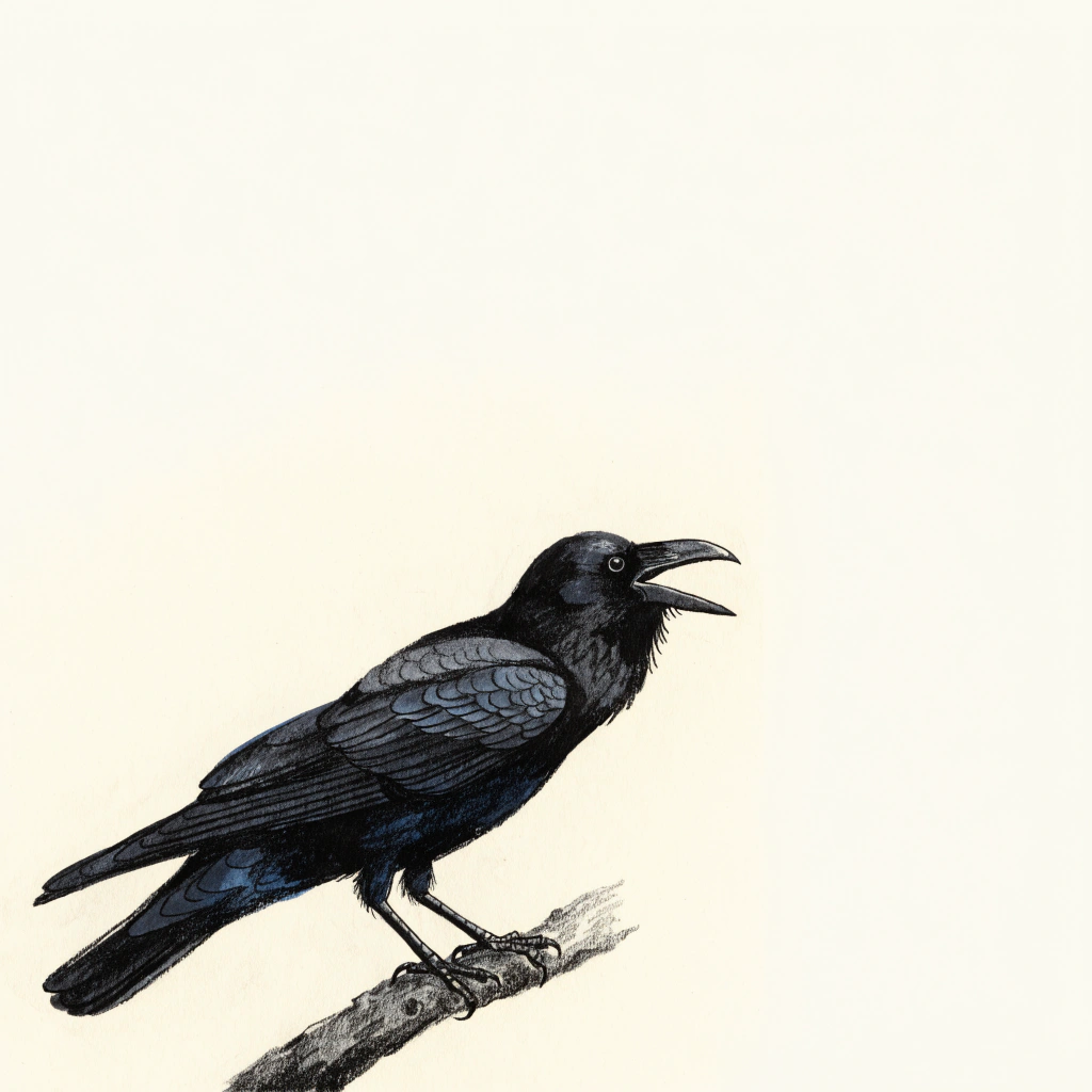 A black crow perches on a diagonal branch with its beak open against a pale cream background.