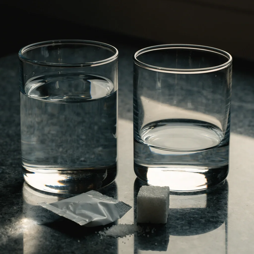 Two identical glasses of clear water on dark stone. The glass by a sugar cube is drunk down near the bottom; the glass by a torn sweetener packet is still full.