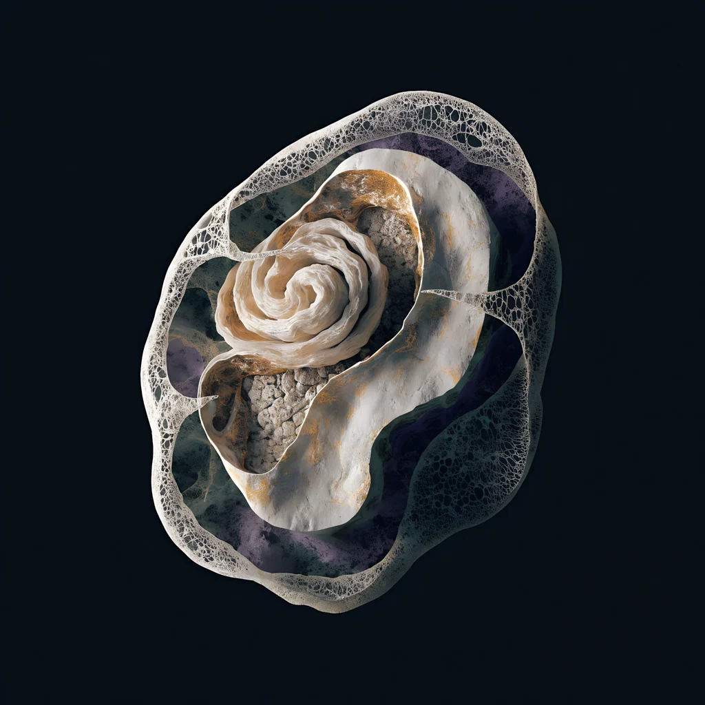 A single sculptural form with a lace-like outer membrane, layered dark and pale surfaces, and an ivory spiral at its center.