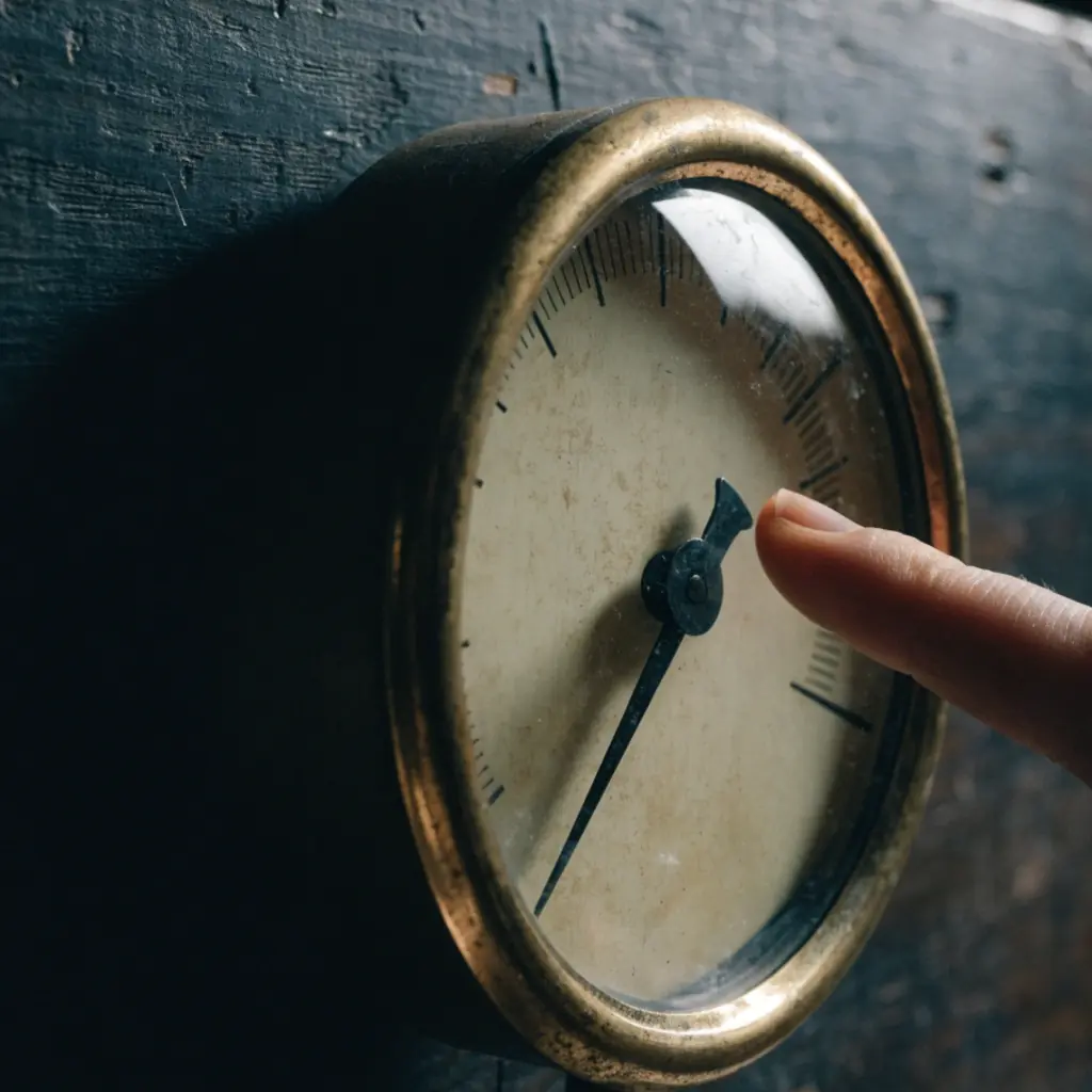 A single fingertip taps the domed glass of an old brass pressure gauge on a dark wooden wall. The gauge needle rests slightly low.