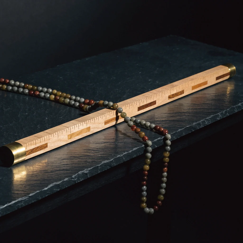 A wooden measuring rule made mostly of one pale wood with a few small inlays. A bead strand runs along it, and one length of the strand hangs off the edge of the slate where the rule doesn't reach.