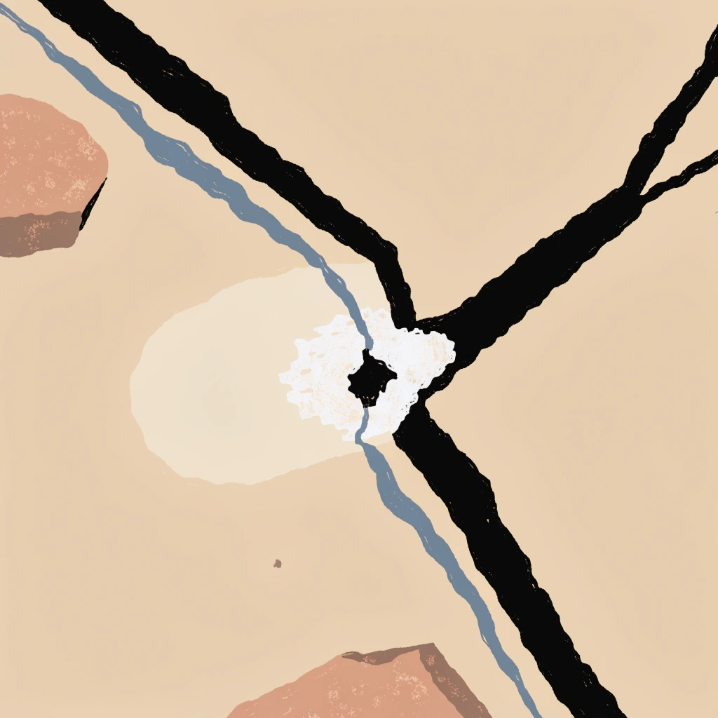Black and slate-blue fractures cross warm tan concrete toward a pale, irregular center.