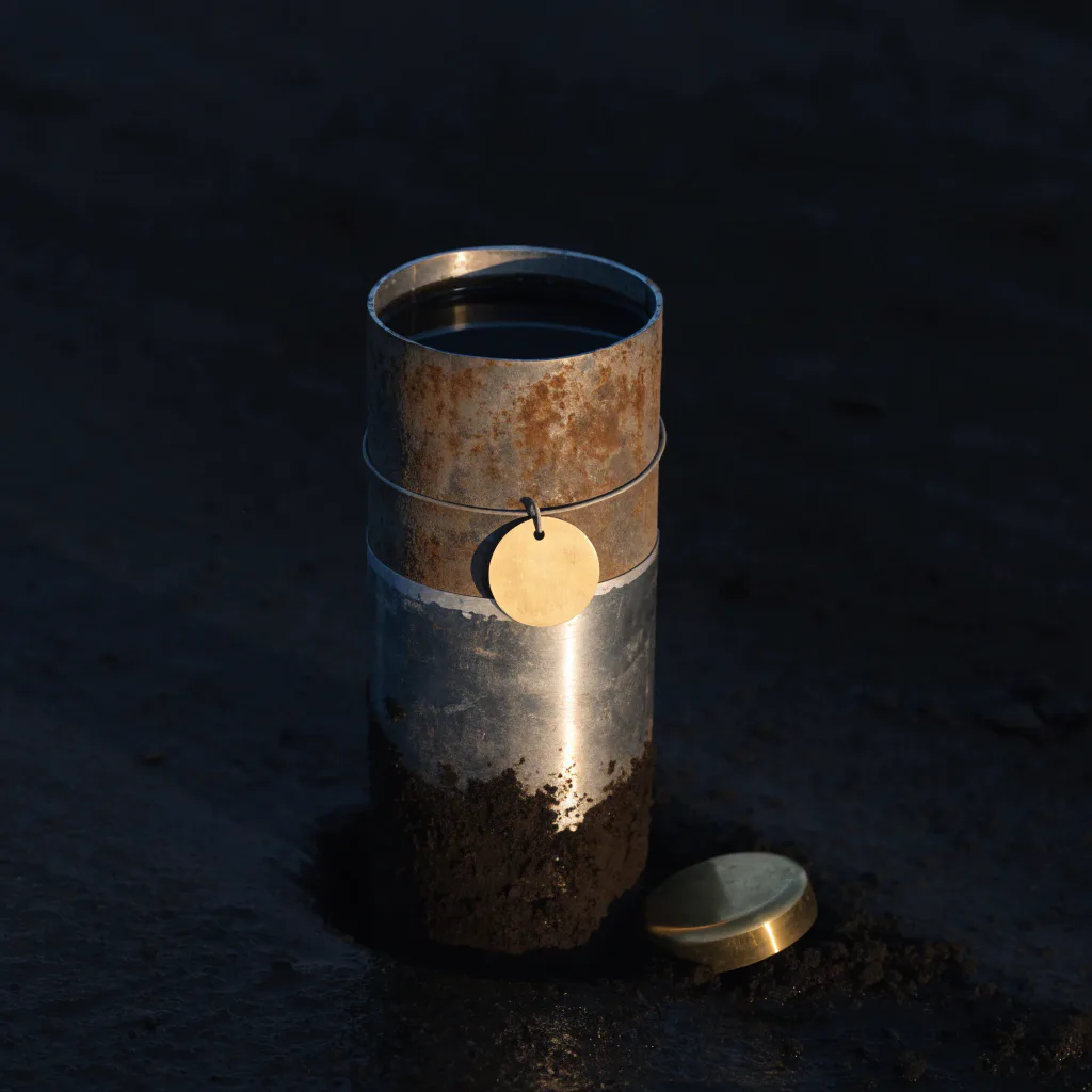 Illustration. An old well pipe stands out of damp, level farm soil. A strip of clean metal just above the ground shows where the soil used to reach, and water sits near the top of the pipe.