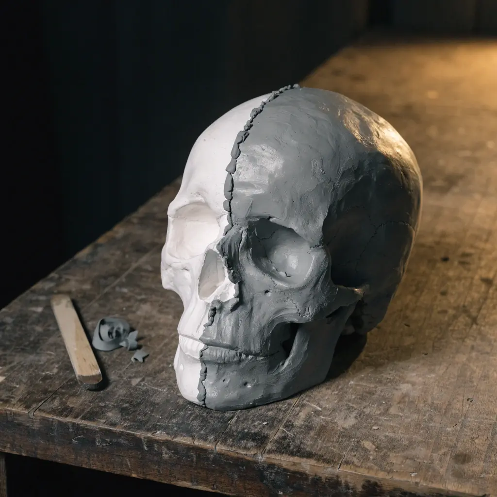 A white plaster skull cast on a dark workbench. One half is bare plaster; on the other, grey modeling clay has been built up over the bone, with no features shaped yet.