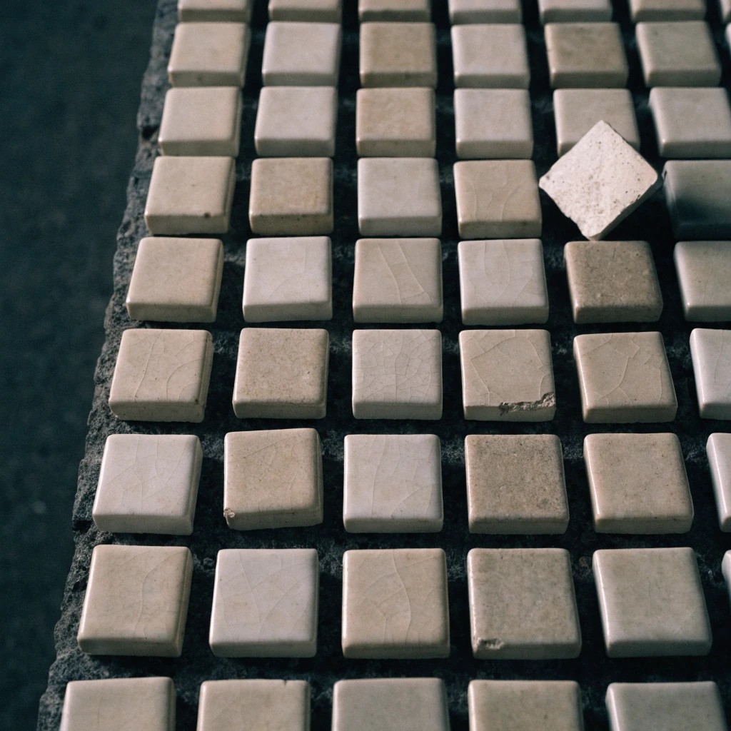Rows of identical pale porcelain tiles set into dark stone. One tile is tipped to show its raw underside; nearby tiles show slight chips and fine cracks, while farther tiles stay smooth and interchangeable.